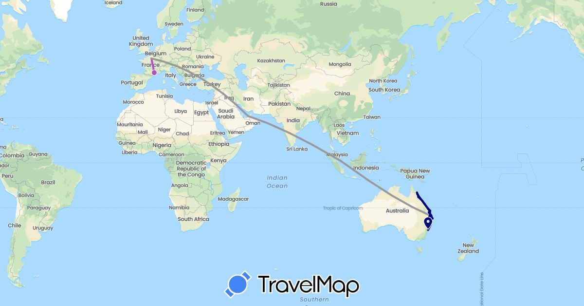 TravelMap itinerary: driving, plane, train in United Arab Emirates, Australia, France, Singapore (Asia, Europe, Oceania)